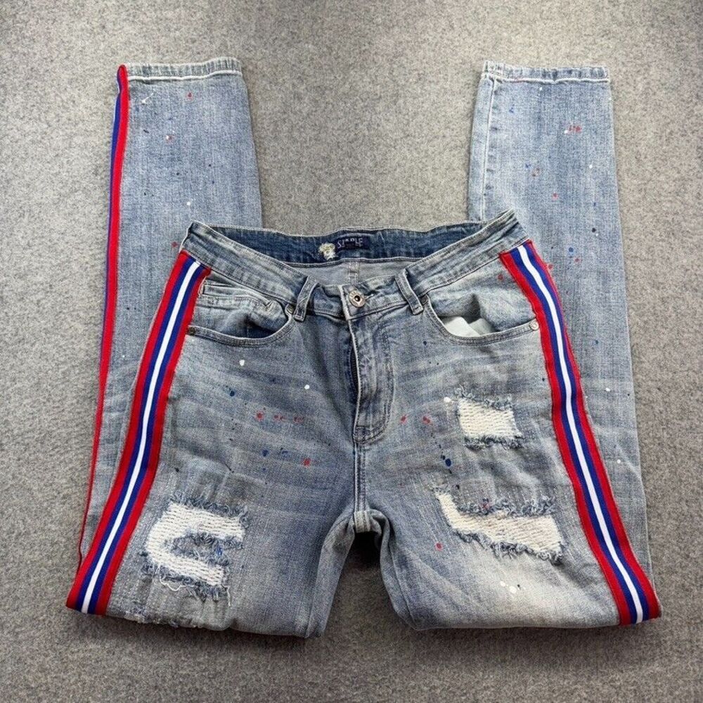 Staple Renown Pigeon Men's Distressed Skinny Jeans 30x32 Blue‎ Red White Stripe